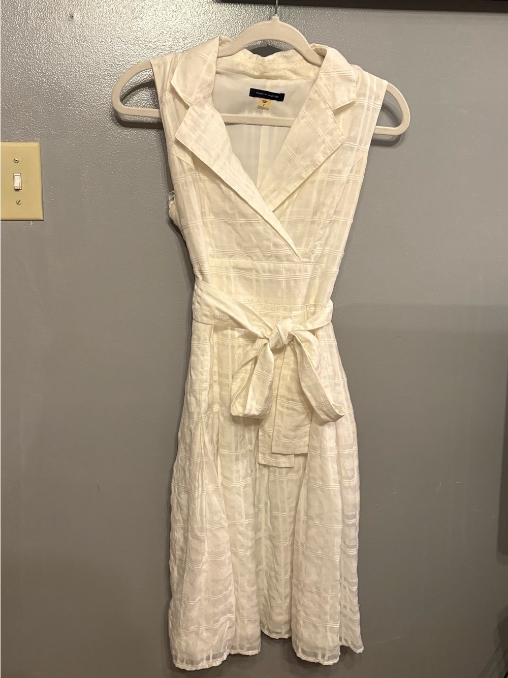 Tommy Hilfiger Ivory Textured Tie-Waist Midi Dress